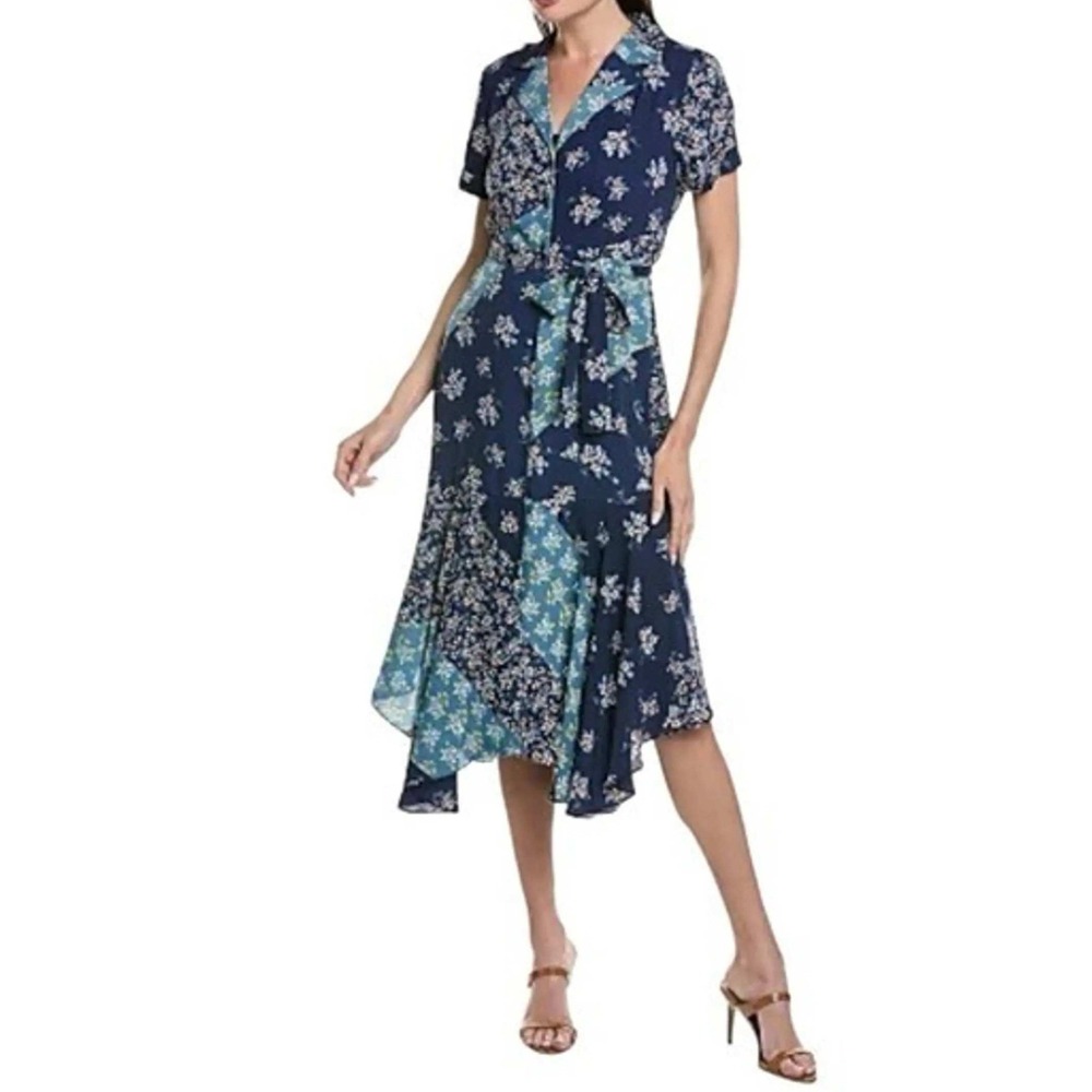 Nanette Lepore Womens Mixed Floral Patchwork Midi Dress Navy Blue Size 8 Belted